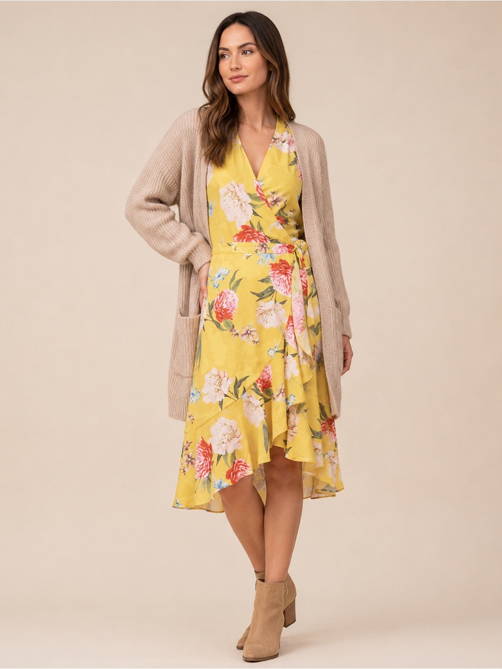 Yumi Kim Casanova Dress Forever Yours Yellow Floral Wrap Midi NWT S Baby Shower